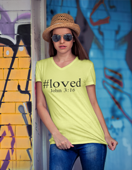Picture of Scarf Mousey Womens T-Shirt V-Neck - #loved John 3:16